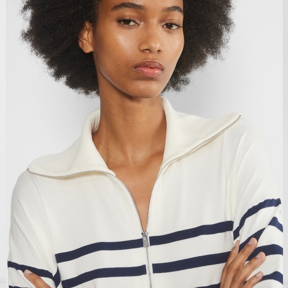 Babaton 2XS Cream and Navy Striped Merino Wool Sweater Preppy Quiet Luxury Soft - Picture 4 of 16